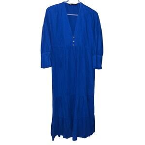 Zara women’s royal blue linen blend tiered V-neck midi/maxi dress (size XS)